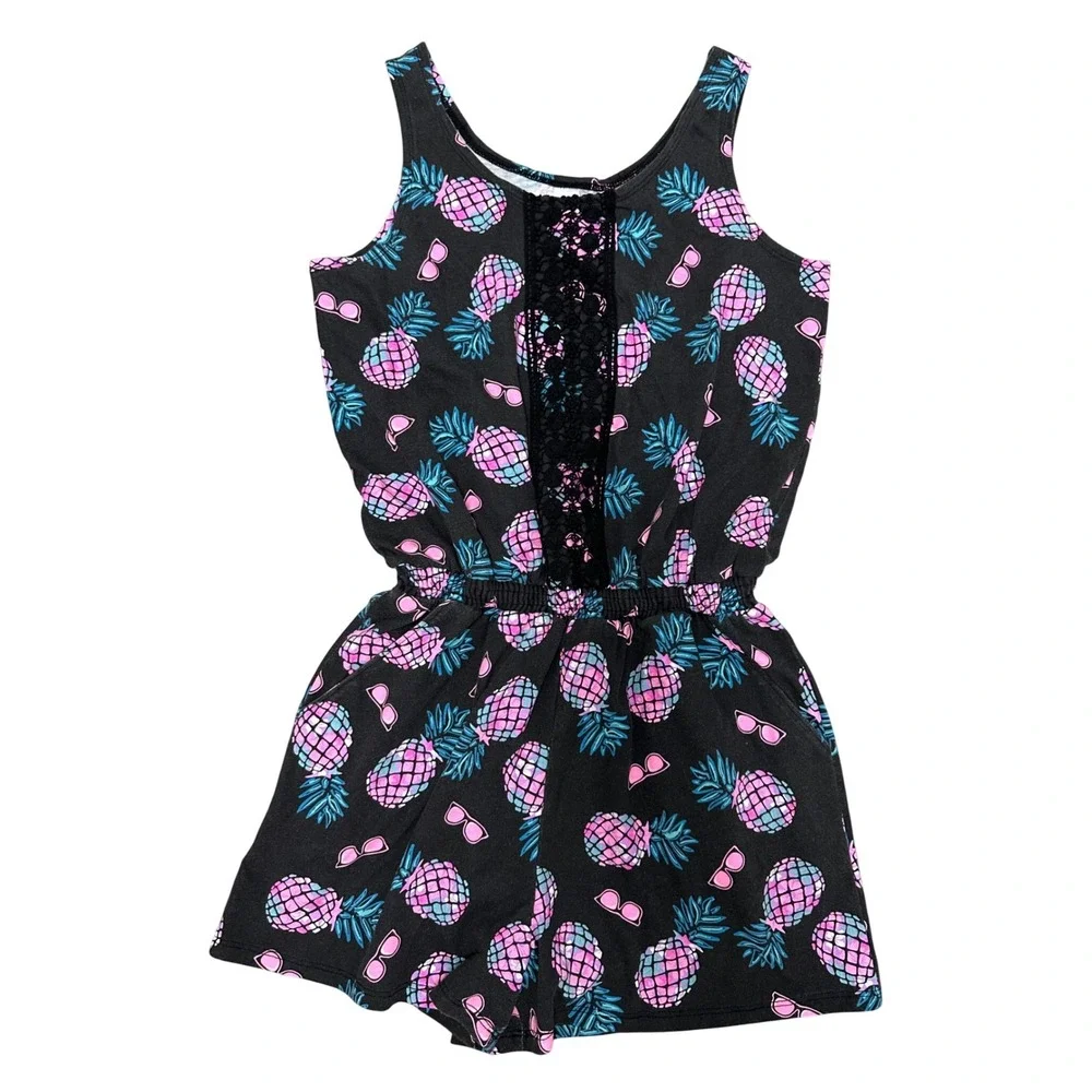 Justice Romper Black Pineapples Eyelet Lace Pinks Blues Size 18 READ